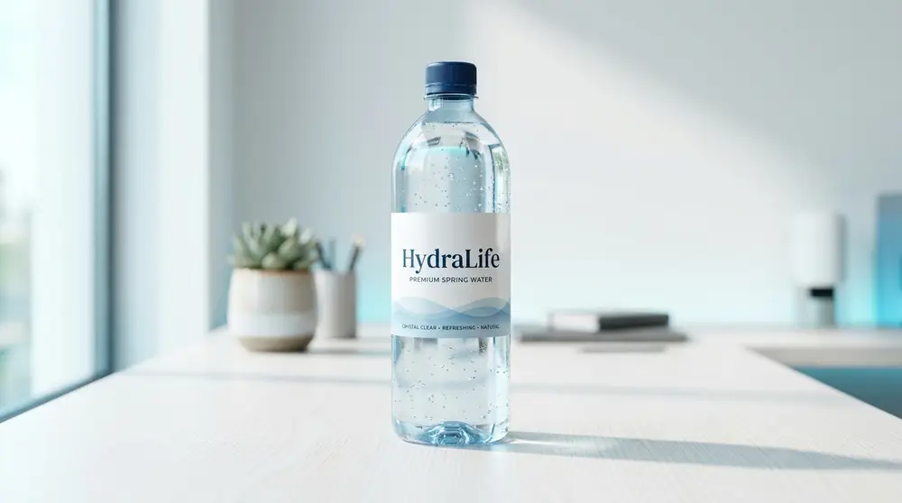 Une bouteille d'eau minérale HydraLife fermée et remplie d'eau fraîche, posée sur un bureau blanc épuré.