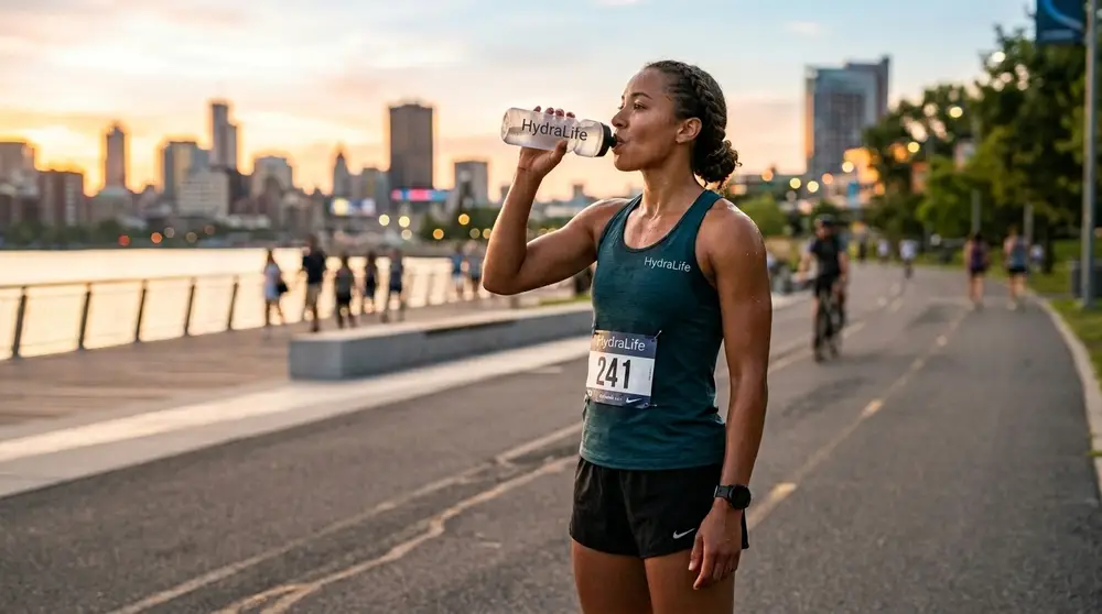 Une athlète fait une pause pendant sa course pour boire une gorgée d'eau de sa bouteille HydraLife au coucher du soleil.