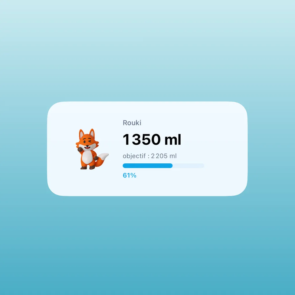 Un écran d'iPhone affichant le joli widget de suivi d'hydratation HydraLife avec la jauge de vie du compagnon.