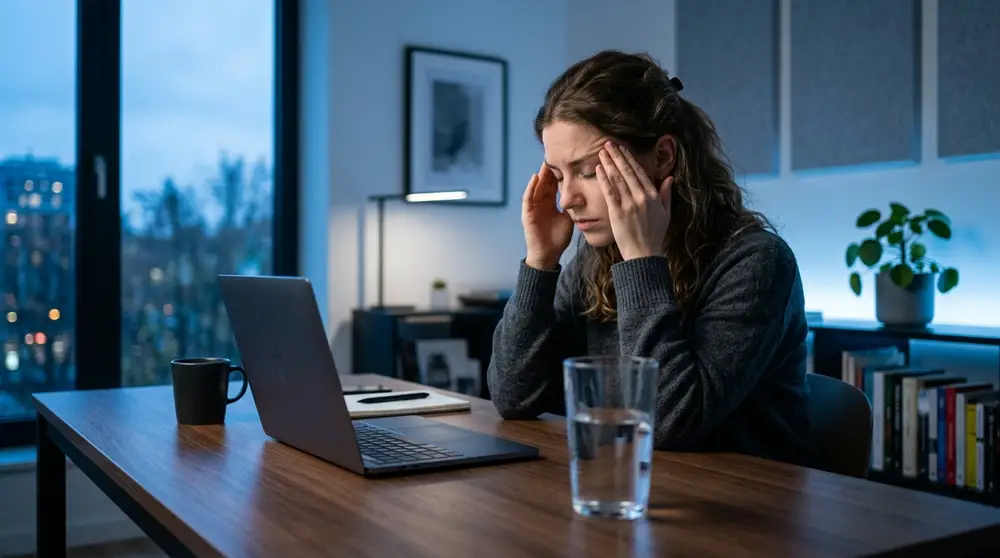 Une jeune femme fatiguée se frictionne les tempes devant son ordinateur, illustrant un signe de déshydratation.